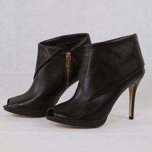 Michael Kors Brown Leather Foldover Kendra Open Peep Toe Stiletto Booties